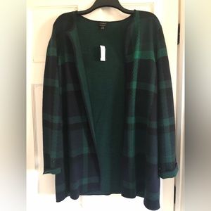 Talbots open front green and navy plaid cardigan